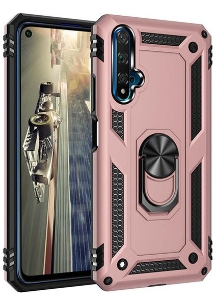 Honor 20 Kılıf Çift Katmanlı Yüzüklü Manyetik Vega Kapak Rose + Cam Ekran Koruyucu