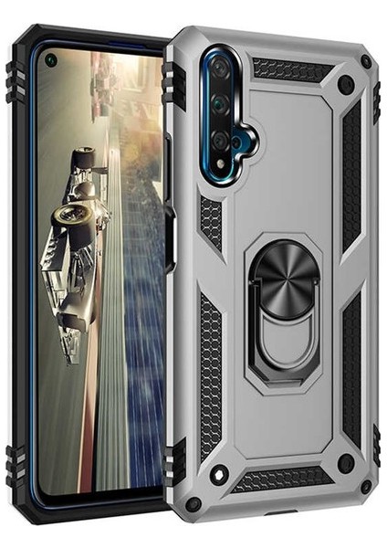 Honor 20 Kılıf Çift Katmanlı Yüzüklü Manyetik Vega Kapak Gümüş + Cam Ekran Koruyucu