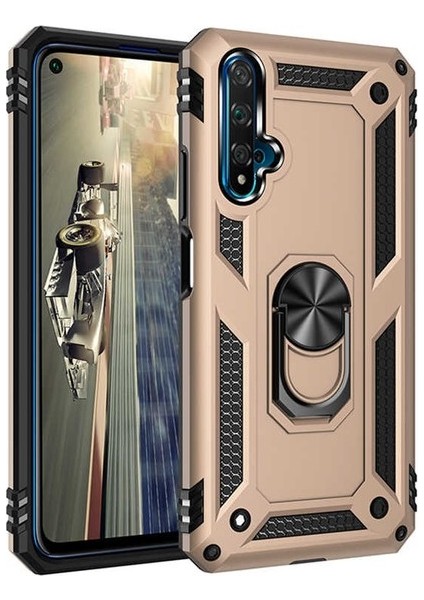 Honor 20 Kılıf Çift Katmanlı Yüzüklü Manyetik Vega Kapak Gold + Nano Ekran Koruyucu