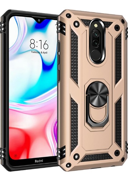 Xiaomi Redmi 8A Kılıf Çift Katmanlı Yüzüklü Manyetik Vega Kapak Gold + Tam Kaplayan 5D Cam Ekran Koruyucu