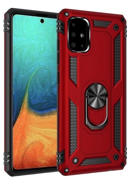 Samsung Galaxy A51 Kılıf Çift Katmanlı Yüzüklü Manyetik Vega Kapak Kırmızı + Tam Kaplayan 6D Nano Ekran Koruyucu