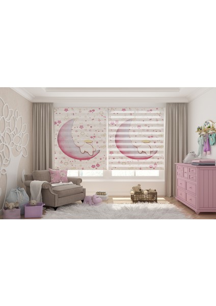 Pembe Ay Dijital Baskılı Piliseli Zebra Perde