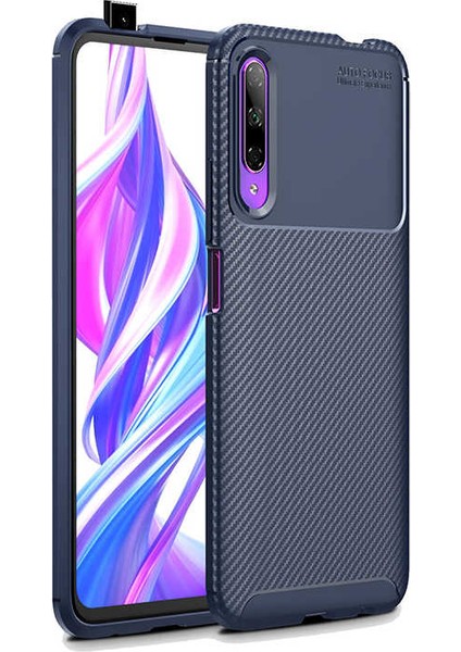 Huawei P Smart Pro 2019 Kılıf Karbon Desenli Lux Negro Silikon + Cam Ekran Koruyucu Lacivert