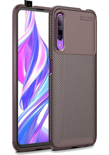 Huawei P Smart Pro 2019 Kılıf Karbon Desenli Lux Negro Silikon + Nano Ekran Koruyucu Kahverengi