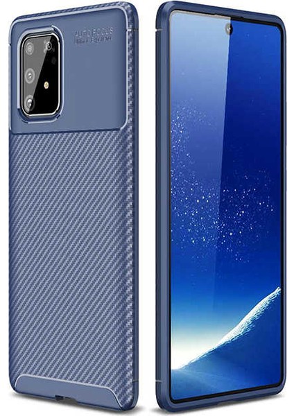 Samsung Galaxy A91 (S10 Lite) Kılıf Karbon Desenli Lux Negro Silikon + Tam Kaplayan 5D Cam Ekran Koruyucu Lacivert
