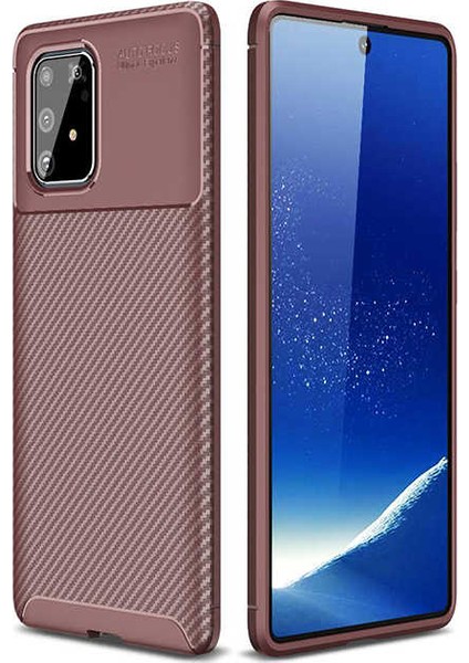 Samsung Galaxy A91 (S10 Lite) Kılıf Karbon Desenli Lux Negro Silikon + Tam Kaplayan 6D Nano Ekran Koruyucu Kahverengi