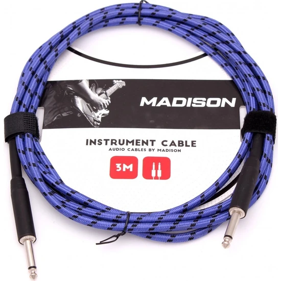 Madison Örgülü Kumaş Gitar Kablosu 3 Metre- Siyah Mavi Çizgili