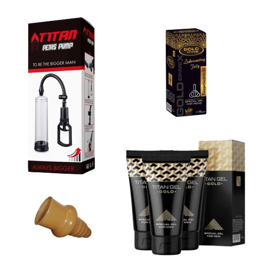 Gold Epimex Titan penis pompası + 3-Adet Titan Gold Jel + Gold Pompa Jeli + Özel Yedek Başlık