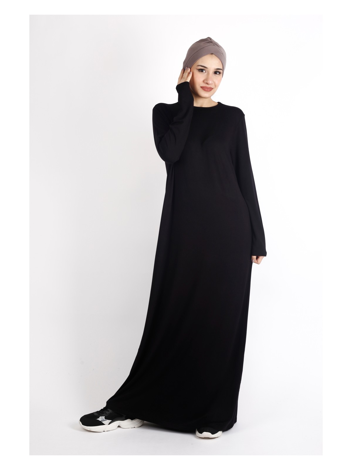 Twoinsis Bisiklet Yaka Bej Pamuklu Viskon Tesettür Içlik Astar Elbise - Görsel 5