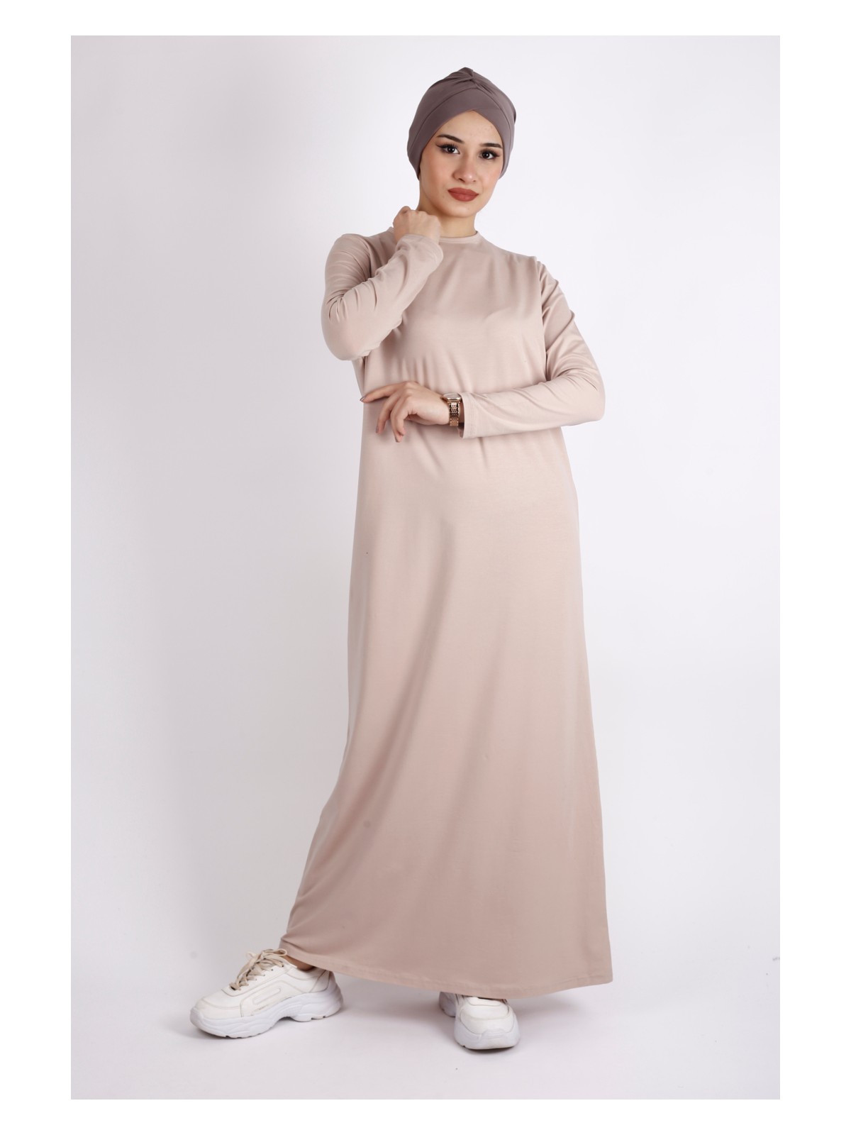 Twoinsis Bisiklet Yaka Bej Pamuklu Viskon Tesettür Içlik Astar Elbise