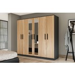Metalia Gm 088 6 Kapılı Aynalı Sonomo - Antrasit Gri Siyah Kulplu Gardırop