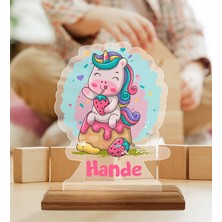 Bk Gift Kişiye Özel Isimli Sevimli Unicorn Tasarımlı Ahşap Standlı Pleksi Biblo-1