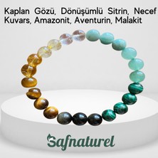 Safnaturel Sertifikalı Kaplan Gözü, Dönüşümlü Sitrin, Necef Kuvars, Amazonit, Aventurin, Malakit Doğal Taş Bileklik 8 MM21