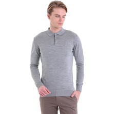 Hatemoğlu Gri Regular Fit Düz Polo Yaka Yün Triko Kazak