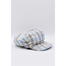 Külah Kadın Kasket Yünlü Desenli Dökümlü Şapka Mavi