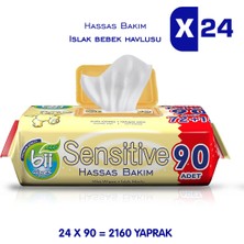 Bii Wipes Sensitive 90'lı Hassas Bakım Islak Bebek Havlusu 24 Paket