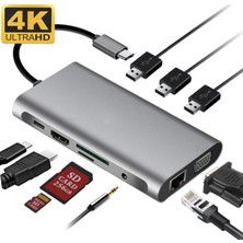 Vendas Type-C Girişli 10'lu HDMI VGA RJ45 Pd USB 3.0 Hub Dönüştürücü Adaptör Çoklayıcı