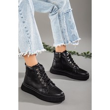 Hakiki Deri Kalın Taban Halka Bağcıklı Siyah Kadın Bot