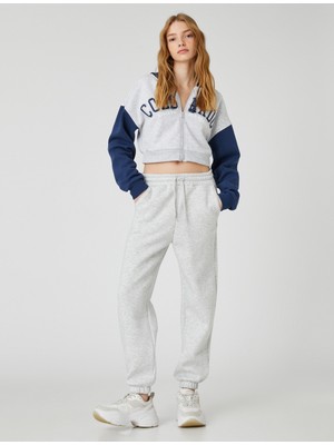 Koton Crop Sweatshirt Fermuarlı Kapüşonlu Kolej Baskılı