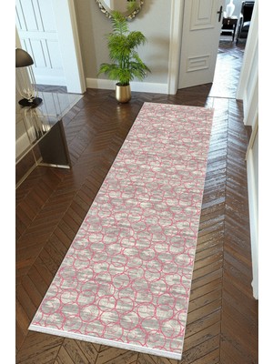 10 Post Onlineyolluk Koridor Pembe Gri Dijital Baskı Kaymaz Yuvarlak Oval Kesme Ince Yıkanabilir Halı