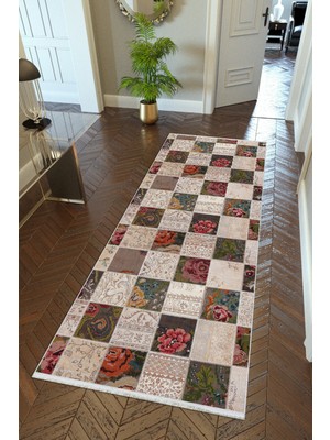 10 Post Onlineyolluk Koridor Bej Dijital Baskı Patchwork Kaymaz Yuvarlak Oval Kesme Ince Yıkanabilir Halı