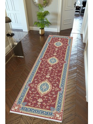 10 Post Onlineyolluk Koridor Bordo Mavi Dijital Baskı Kaymaz Yuvarlak Oval Kesme Ince Yıkanabilir Halı