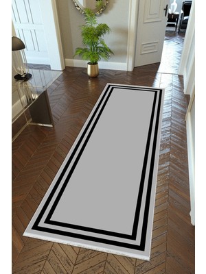 10 Post Onlineyolluk Koridor Gri Siyah Dijital Baskı Kaymaz Yuvarlak Oval Kesme Ince Yıkanabilir Halı