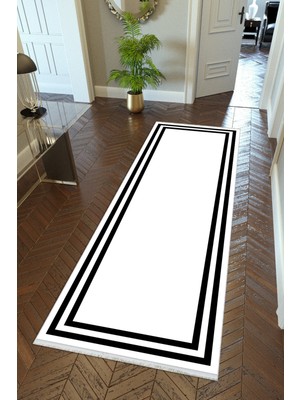 10 Post Onlineyolluk Koridor Beyaz Siyah Dijital Baskı Kaymaz Yuvarlak Oval Kesme Ince Yıkanabilir Halı