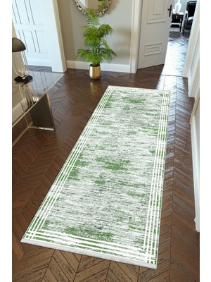 10 Post Onlineyolluk Koridor Yeşil Gri Dijital Baskı Kaymaz Yuvarlak Oval Kesme Ince Yıkanabilir Halı