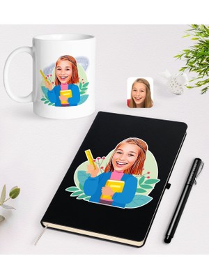 Bk Gift Kişiye Özel Öğretmen Karikatürlü Siyah Defter Kalem Kupa Seti - 6