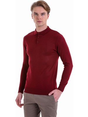Hatemoğlu Bordo Regular Fit Düz Polo Yaka Yün Triko Kazak