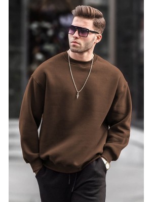 Madmext Kahverengi Bisiklet Yaka Oversize Şardonlu Basic Erkek Sweatshirt 6048