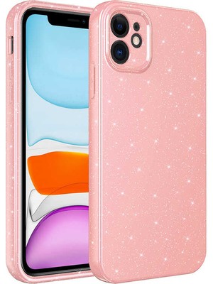 Smcase Apple iPhone 12 Kılıf Koton Simli Silikon Arka Kapak Kamera Korumalı Açık Pembe
