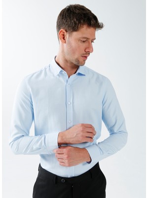 Fabrika Basic Düğmeli Yaka Armürlü Açık Mavi Erkek Gömlek MAYDOS 9 CEPSIZ AD