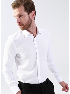 Fabrika Slim Fit Klasik Gömlek Yaka Armürlü Beyaz Erkek Gömlek MAYDOS 14 CPSZ KLASIK