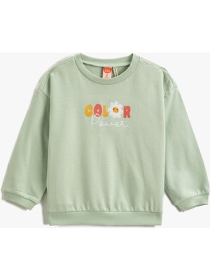 Koton Arkası Çiçek Baskılı Sweatshirt Işleme Detaylı Şardonlu