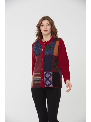 Desen Triko Kadın Dik Yaka Patchwork Yün Ceket  22203 Vişne