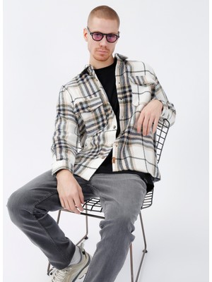 Denim Trip Regular Fit Düğmeli Yeşil - Krem Erkek Oduncu Gömlek