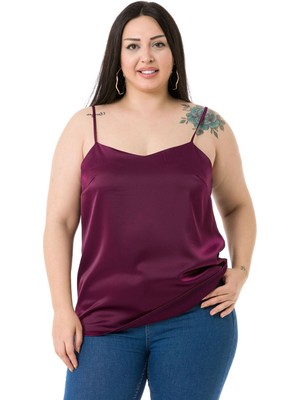 Disentis Modest Büyük Beden Ayarlanabilir Ince Askılı Saten Mürdüm Bluz