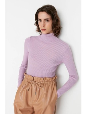 Hazelin Kadın Lila Boğazlı Fitilli Triko Balıkçı Yaka Kazak HZL22W-BD1445001