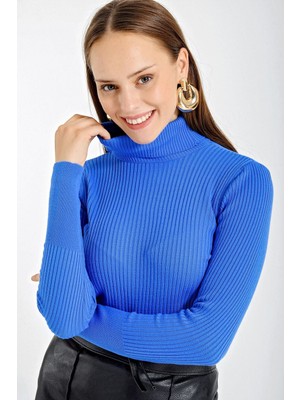 Hazelin Kadın Sax Boğazlı Fitilli Triko Balıkçı Yaka Kazak HZL22W-BD1445001