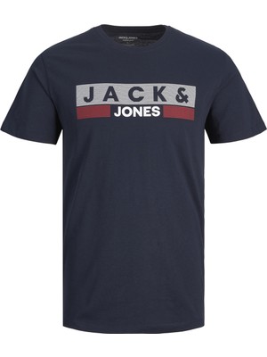 Jack & Jones Erkek Günlük Lacivert Bisiklet Yaka Kısa Kol Tişört Grafik Desenli Pamuklu 12158505