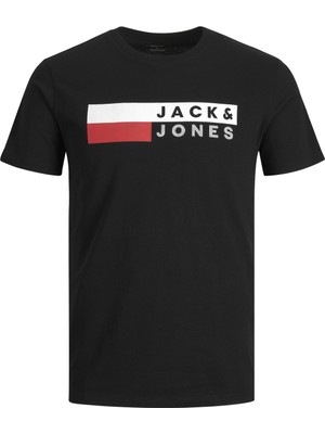 Jack & Jones Renkli Logo Baskılı Günlük Tişört Erkek Kısa Kol Siyah Pamuklu