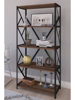 Macco Mobilya Ceviz Renkli Metal Kitaplık 5 Raflı 60 cm Modern Tasarım ve Estetik Depolama