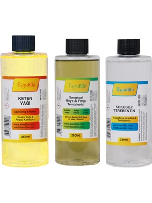 Kandillo Yağlı Boya Seti Yardımcı Malzemeler 3 x 250 ml Terebentin Resim Keten Yağı ve Fırça Temizleme Sıvısı