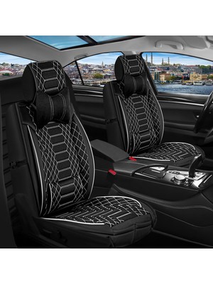 Ack Hyundai Kona Uyumlu Lüks Deri Oto Koltuk Kılıfı Tam Takım Set Mars Siyah-Beyaz