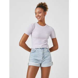 Crop Tişört Dokulu Bisiklet Yaka Kısa Kollu Viskon Karışımlı