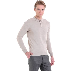 Bej Regular Fit Düz Polo Yaka Yün Triko Kazak