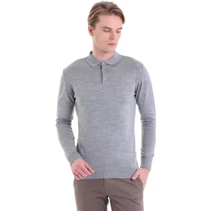 Gri Regular Fit Düz Polo Yaka Yün Triko Kazak