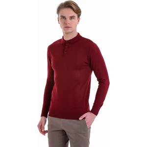 Bordo Regular Fit Düz Polo Yaka Yün Triko Kazak